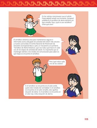 113
En las noticias mencionaron que el volcán
Popocatépetl exhaló una fumarola. Cenapred
estableció el semáforo de alerta volcánica en
fase amarilla. Pero, ¿qué es ese semáforo?
¿Para qué sirve?
Pero ¿qué indica cada
uno de los colores?
El semáforo volcánico sirve para mantenernos seguros e
informados acerca del grado de actividad del volcán más cercano
a nuestra comunidad. El Centro Nacional de Prevención de
Desastres (Cenapred) lleva a cabo un mecanismo al cual llamó
“Semáforo de Alerta Volcánica”, que nos indica qué hacer en cada
una de las etapas de actividad del volcán. Es importante que se
mantengan atentos a los medios de comunicación para saber en
qué etapa se encuentra el semáforo.
Si el semáforo se encuentra en el color verde,
quiere decir estado de normalidad. Si el semáforo
se encuentra en el color amarillo, esto significa
situación de alerta. Si el semáforo se encuentra en
el color rojo, indica situación de alarma.
AB-TLAX-3-P-099-120.indd 113 24/05/12 12:29
 