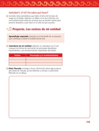 115
Actividad 5. ¿Y tú? ¿Ya sabes qué hacer?
Consulta notas periodísticas que traten el tema de los tipos de
riesgo en el estado. Elaboren un folleto, en el que informen a la
comunidad escolar sobre las acciones que se pueden realizar para
prevenir desastres o qué hacer en el caso de que sucedan.
Proyecto. Los rostros de mi entidad
Aprendizaje esperado: participa en el desarrollo de un proyecto
que contribuya a valorar la entidad donde vive.
Calendario de mi entidad: elaboren un calendario en el cual
marquen las fechas de nacimiento de personajes tlaxcaltecas
trascendentes, y de acontecimientos importantes del estado.
Fechas Personajes y/o acontecimientos
Pinta Tlaxcala: investiga y busca información sobre alguna época
del estado de Tlaxcala, ya sea referente a comida o costumbres.
Plásmalo en un dibujo.
AB-TLAX-3-P-099-120.indd 115 25/05/12 12:24
 