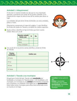 13
Actividad 2. ¡Ubiquémonos!
El otro día mi maestra Griselda nos dijo que es muy importante
aprender a orientarnos por medio de los puntos cardinales. En la
mayoría de los mapas se utiliza la rosa de los vientos para ubicar un
lugar.
Las entidades del país tienen límites territoriales con otras entidades,
países o mares.
Observemos nuevamente el mapa de la página 11, para identificar
los límites del estado de Tlaxcala y completar los cuadros siguientes.
Ayuda a Mine a identificar el tipo de límites que tiene nuestro
estado. Marca con una ✗.
Nuestro estado
limita con:
Sí No
Países
Mares
Otras entidades
Con ayuda de la rosa de los vientos identifica y anota los límites
de Tlaxcala.
Puntos
cardinales
Limita con:
Al Norte
Al Sur
Al Este
Al Oeste
Actividad 3. Tlaxcala y sus municipios
Al igual que el resto del país, Tlaxcala está constituido por
localidades y municipios. En Tlaxcala existen 1 245 localidades y 60
municipios. Un municipio es una entidad administrativa compuesta
por un territorio y su población. Está regido por su ayuntamiento.
Antes había menos municipios, pero ahora está conformado como
se muestra en el mapa.
Constituir. Formar parte de
algo.
Entidad. Colectividad
considerada como unidad.
Ayuntamiento. Autoridades
que administran un
municipio.
AB-TLAX-3-P-001-030.indd 13 25/05/12 12:20
 