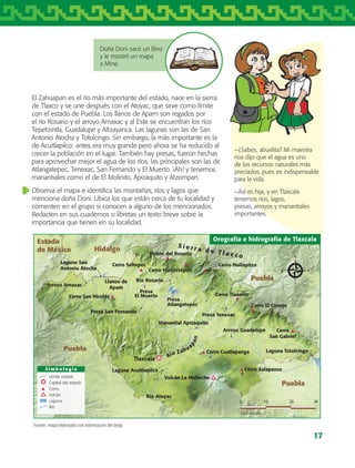 17
−¿Sabes, abuelita? Mi maestra
nos dijo que el agua es uno
de los recursos naturales más
preciados, pues es indispensable
para la vida.
−Así es hija, y en Tlaxcala
tenemos ríos, lagos,
presas, arroyos y manantiales
importantes.
Doña Doni sacó un libro
y le mostró un mapa
a Mine.
El Zahuapan es el río más importante del estado, nace en la sierra
de Tlaxco y se une después con el Atoyac, que sirve como límite
con el estado de Puebla. Los llanos de Apam son regados por
el río Rosario y el arroyo Amaxac y al Este se encuentran los ríos
Tepetzintla, Guadalupe y Altzayanca. Las lagunas son las de San
Antonio Atocha y Totolcingo. Sin embargo, la más importante es la
de Acuitlapilco: antes era muy grande pero ahora se ha reducido al
crecer la población en el lugar. También hay presas, fueron hechas
para aprovechar mejor el agua de los ríos, las principales son las de
Atlangatepec, Tenexac, San Fernando y El Muerto. ¡Ah! y tenemos
manantiales como el de El Molinito, Apizaquito y Atzompan.
Observa el mapa e identifica las montañas, ríos y lagos que
menciona doña Doni. Ubica los que están cerca de tu localidad y
comenten en el grupo si conocen a alguno de los mencionados.
Redacten en sus cuadernos o libretas un texto breve sobre la
importancia que tienen en su localidad.
Fuente: mapa elaborado con información del Inegi.
Puebla
Puebla
Puebla
Hidalgo
Estado
de México
S i m b o l o g í a
Límite estatal
Capital del estado
Cerro
Volcán
Laguna
Río
Orografía e hidrografía de Tlaxcala
0 3010 20
Kilómetros
Manantial Apizaquito
Cerro San Nicolás
Cerro Soltepec
Peñón del Rosario
Cerro Huintetépetl
Cerro Huilapitzo
Cerro Tlaxcolo
Cerro El Conejo
Cerro
San Gabriel
Cerro Cuatlapanga
Cerro Xalapazco
Volcán La Malinche
Río Rosario
Río Atoyac
Arroyo Amaxac
Arroyo Guadalupe
Laguna San
Antonio Atocha
Laguna Totolcingo
Laguna Acuitlapilco
Presa
Atlangatepec
Presa Tenexac
Presa San Fernando
Presa
El Muerto
Llanos de
Apam
Tlaxcala
S i e r r a d e T l a x c o
Río Zahua
pan
AB-TLAX-3-P-001-030.indd 17 25/05/12 12:20
 