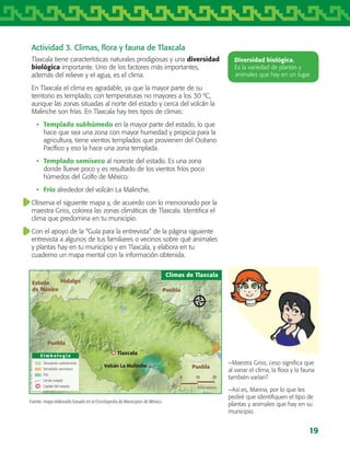 19
Actividad 3. Climas, flora y fauna de Tlaxcala
Tlaxcala tiene características naturales prodigiosas y una diversidad
biológica importante. Uno de los factores más importantes,
además del relieve y el agua, es el clima.
En Tlaxcala el clima es agradable, ya que la mayor parte de su
territorio es templado, con temperaturas no mayores a los 30 ºC,
aunque las zonas situadas al norte del estado y cerca del volcán la
Malinche son frías. En Tlaxcala hay tres tipos de climas:
•	 Templado subhúmedo en la mayor parte del estado, lo que
hace que sea una zona con mayor humedad y propicia para la
agricultura, tiene vientos templados que provienen del Océano
Pacífico y eso la hace una zona templada.
•	 Templado semiseco al noreste del estado. Es una zona
donde llueve poco y es resultado de los vientos fríos poco
húmedos del Golfo de México.
•	 Frío alrededor del volcán La Malinche.
Observa el siguiente mapa y, de acuerdo con lo mencionado por la
maestra Griss, colorea las zonas climáticas de Tlaxcala. Identifica el
clima que predomina en tu municipio.
Con el apoyo de la “Guía para la entrevista” de la página siguiente
entrevista a algunos de tus familiares o vecinos sobre qué animales
y plantas hay en tu municipio y en Tlaxcala, y elabora en tu
cuaderno un mapa mental con la información obtenida.
−Maestra Griss, ¿eso significa que
al variar el clima, la flora y la fauna
también varían?
−Así es, Marina, por lo que les
pediré que identifiquen el tipo de
plantas y animales que hay en su
municipio.
Diversidad biológica.
Es la variedad de plantas y
animales que hay en un lugar.
Puebla
Puebla
Puebla
HidalgoEstado
de México
S i m b o l o g í a
Templado subhúmedo
Templado semiseco
Frío
Límite estatal
Capital del estado
0 10 20
Kilómetros
Climas de Tlaxcala
Tlaxcala
Volcán La Malinche
Fuente: mapa elaborado basado en la Enciclopedia de Municipios de México.
AB-TLAX-3-P-001-030.indd 19 29/06/12 12:39
 