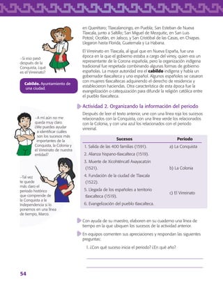 54
−Si eso pasó
después de la
Conquista, ¿qué
es el Virreinato?
en Querétaro; Tlaxcalancingo, en Puebla; San Esteban de Nueva
Tlaxcala, junto a Saltillo; San Miguel de Mezquitic, en San Luis
Potosí; Ocotlán, en Jalisco, y San Cristóbal de las Casas, en Chiapas.
Llegaron hasta Florida, Guatemala y La Habana.
El Virreinato en Tlaxcala, al igual que en Nueva España, fue una
época en la que el gobierno estaba a cargo del virrey, quien era un
representante de la Corona española, pero la organización indígena
tradicional fue respetada combinando algunas formas de gobierno
españolas. La mayor autoridad era el cabildo indígena y había un
gobernador tlaxcalteca y uno español. Algunos españoles se casaron
con mujeres tlaxcaltecas adquiriendo el derecho de residencia y
establecieron haciendas. Otra característica de esta época fue la
evangelización o catequización para difundir la religión católica entre
el pueblo tlaxcalteca.
Actividad 2. Organizando la información del periodo
Después de leer el texto anterior, une con una línea roja los sucesos
relacionados con la Conquista, con una línea verde los relacionados
con la Colonia, y con una azul los relacionados con el periodo
virreinal.
Sucesos Periodo
1. Salida de las 400 familias (1591). a) La Conquista
2. Alianza hispano-tlaxcalteca (1519).
3. Muerte de Xicohténcatl Axayacatzin
(1521). b) La Colonia
4. Fundación de la ciudad de Tlaxcala
(1522).
5. Llegada de los españoles a territorio
tlaxcalteca (1519).
c) El Virreinato
6. Evangelización del pueblo tlaxcalteca.
Con ayuda de su maestro, elaboren en su cuaderno una línea de
tiempo en la que ubiquen los sucesos de la actividad anterior.
En equipos comenten sus apreciaciones y respondan las siguientes
preguntas:
1. ¿Con qué suceso inicia el periodo? ¿En qué año?
Cabildo. Ayuntamiento de
una ciudad.
−Tal vez
te quede
más claro el
periodo histórico
que comprende de
la Conquista a la
Independencia si lo
ponemos en una línea
de tiempo, Marco.
−A mí aún no me
queda muy claro.
¿Me puedes ayudar
a identificar cuáles
son los sucesos más
importantes de la
Conquista, la Colonia y
el Virreinato de nuestra
entidad?
AB-TLAX-3-P-051-068.indd 54 24/05/12 12:26
 