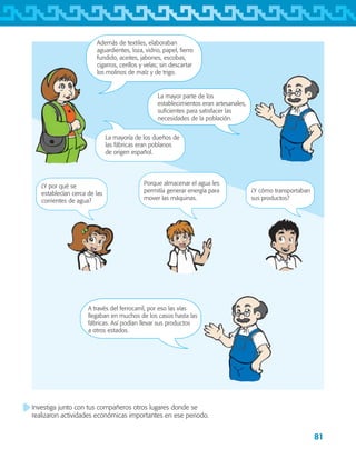 81
¿Y cómo transportaban
sus productos?
Porque almacenar el agua les
permitía generar energía para
mover las máquinas.
¿Y por qué se
establecían cerca de las
corrientes de agua?
Además de textiles, elaboraban
aguardientes, loza, vidrio, papel, fierro
fundido, aceites, jabones, escobas,
cigarros, cerillos y velas; sin descartar
los molinos de maíz y de trigo.
La mayoría de los dueños de
las fábricas eran poblanos
de origen español.
La mayor parte de los
establecimientos eran artesanales,
suficientes para satisfacer las
necesidades de la población.
A través del ferrocarril, por eso las vías
llegaban en muchos de los casos hasta las
fábricas. Así podían llevar sus productos
a otros estados.
Investiga junto con tus compañeros otros lugares donde se
realizaron actividades económicas importantes en ese periodo.
AB-TLAX-3-P-069-098.indd 81 24/05/12 12:27
 