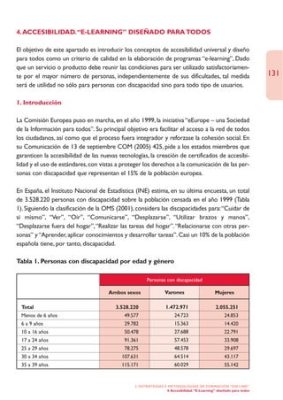 4. ACCESIBILIDAD. “E-LEARNING” DISEÑADO PARA TODOS

El objetivo de este apartado es introducir los conceptos de accesibilidad universal y diseño
para todos como un criterio de calidad en la elaboración de programas “e-learning”, Dado
que un servicio o producto debe reunir las condiciones para ser utilizado satisfactoriamen-
te por el mayor número de personas, independientemente de sus dificultades, tal medida                               131
será de utilidad no sólo para personas con discapacidad sino para todo tipo de usuarios.

1. Introducción

La Comisión Europea puso en marcha, en el año 1999, la iniciativa “eEurope – una Sociedad
de la Información para todos”. Su principal objetivo era facilitar el acceso a la red de todos
los ciudadanos, así como que el proceso fuera integrador y reforzase la cohesión social. En
su Comunicación de 13 de septiembre COM (2005) 425, pide a los estados miembros que
garanticen la accesibilidad de las nuevas tecnologías, la creación de certificados de accesibi-
lidad y el uso de estándares, con vistas a proteger los derechos a la comunicación de las per-
sonas con discapacidad que representan el 15% de la población europea.

En España, el Instituto Nacional de Estadística (INE) estima, en su última encuesta, un total
de 3.528.220 personas con discapacidad sobre la población censada en el año 1999 (Tabla
1). Siguiendo la clasificación de la OMS (2001), considera las discapacidades para:“Cuidar de
si mismo”, “Ver”, “Oír”, “Comunicarse”, “Desplazarse”, “Utilizar brazos y manos”,
“Desplazarse fuera del hogar”,“Realizar las tareas del hogar”.“Relacionarse con otras per-
sonas” y “Aprender, aplicar conocimientos y desarrollar tareas”. Casi un 10% de la población
española tiene, por tanto, discapacidad.

Tabla 1. Personas con discapacidad por edad y género

                                                      Personas con discapacidad

                                     Ambos sexos                 Varones                      Mujeres

  Total                                 3.528.220                1.472.971                    2.055.251
  Menos de 6 años                           49.577                    24.723                       24.853
  6 a 9 años                                29.782                    15.363                       14.420
  10 a 16 años                              50.478                    27.688                       22.791
  17 a 24 años                              91.361                    57.453                       33.908
  25 a 29 años                              78.275                    48.578                       29.697
  30 a 34 años                            107.631                     64.514                       43.117
  35 a 39 años                            115.171                     60.029                       55.142


                                                2. ESTRATEGÍAS Y METODOLOGÍAS DE FORMACIÓN “ON LINE”
                                                                4. Accesibilidad. “E-Learning” diseñado para todos
 