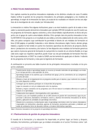 4. PRÁCTICAS INNOVADORAS

      Este capítulo examina las prácticas innovadoras empleadas en los distintos estudios de casos. El análisis
      implica verificar la gestión de los proyectos innovadores, los principios pedagógicos y los modelos de
      aprendizaje, el origen de la innovación, los tipos y la escala de los resultados en relación con los seis obje-
      tivos de la investigación de este estudio (ver Introducción)

      La innovación es relativa. Para algunas instituciones, pasar a un nivel modesto a partir de la nada es inno-
      vador. La asociación puede demostrarse innovadora: por ejemplo, FIPFOD (estudio de caso 8) reunió cua-
      tro programas de formación, algunos existentes y otros desarrollados específicamente al efecto del pro-
      yecto, con el apoyo de cuatro universidades distintas. Otro ejemplo claro de práctica innovadora lo ilus-
      tra INTERFOC Este proyecto es el resultado de una sólida y estrecha colaboración de ocho socios, entre
182   ellos, seis países europeos cuya contribución ha permitido el diseño de seis módulos de formación en
      línea (2.500 páginas en pantalla) traducidos a siete idiomas: checoslovaco, inglés, francés, alemán, griego,
      italiano y español. Se han tenido en cuenta tres funciones operativas: los directores de proyecto, diseña-
      dores / productores de escenarios y los tutores. Se han dispuesto once módulos de formación genéricos
      que cubren el proceso general de formación, lo cual permite la creación de un entorno flexible en el que
      cada socio, según sus requisitos específicos, puede trazar sus vías personalizadas de formación. Para faci-
      litar la personalización, el ENST ha creado la OASIF, una herramienta de ayuda para el diseño / rediseño
      de los programas de formación y rutas para la ingeniería de formación.

      A continuación se presenta una tabla-resumen de las principales innovaciones reseñadas en los pro-
      yectos analizados
              Transformación desde el aprendizaje basado en recursos (a menudo materiales de aprendizaje) a un mode-
              lo en red que permite a unos aprender de otros.
              Aprendizaje basado en los alumnos, que se benefician del apoyo y de los comentarios de sus compañeros
              así como del tutor.
              Difusión a través de la implantación de un programa sencillo para el alumno y que realmente los estudian-
              tes están dispuestos a utilizar.
              Conseguir que los alumnos participen en el desarrollo del programa.
              Lograr la conexión en red y la colaboración entre los alumnos.
              Revisión y mejora constantes de los programas con el fin de marcar la verdadera diferencia en cuanto al
              impacto en el aprendizaje.
              Colaboración interregional e interorganizativa entre operadores.
              Creación y uso, con resultados positivos, de un LMS (sistema de gestión del conocimiento) capaz de pro-
              porcionar a directores, diseñadores, formadores, tutores y alumnos herramientas innovadoras de diseño,
              gestión y aplicación de actividades de aprendizaje electrónico.
              Difusión de la conciencia y la información sobre el aprendizaje electrónico entre los tutores, diseñadores,
              responsables de instituciones educativas, agencias de formación, asociaciones patronales y sindicales por
              medio de seminarios, foros de discusión, noticias y circulares informativas especiales.
      Tabla 3. Elementos innovadores de los proyectos de aprendizaje electrónico.


      4.1. Planteamientos de gestión de proyectos innovadores

      El mundo de la formación y la educación ha importado, en primer lugar, un léxico y después,
      métodos, herramientas y principios que ya estaban enraizados en el sector.Términos como “cali-

      3. “E-LEARNING” PARA PROFESORES Y FORMADORES
      Prácticas, capacidades y competencias innovadoras
 