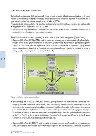 2. El desarrollo de la experiencia

      La finalidad fundamental de la comunidad virtual creada entorno a la plataforma Acelera es la gene-
      ración e intercambio de conocimientos y experiencias entre diferentes agentes involucrados en el
      proceso educativo. Sus objetivos explícitos son (Gairín, 2002):
      • Impulsar la introducción de las TIC en el currículo de la formación inicial y permanente del profesorado.
      • Proporcionar una plataforma para la GC-Red
      • Fomentar el trabajo colaborativo entre centros formativos, universitarios y no universitarios, y otras
        instituciones involucradas en el proceso educativo.

      El espacio virtual de Accelera (figura 4) se estructura en tres redes inteligentes (Gairín, 2004):
      • El edumedi@ o Red-GC GALATEA está formada por profesorado universitario implicado en la for-
        mación inicial de los profesionales de la educación, profesorado de formación permanente, profe-
        sorado de centros de educación primaria, estudiantes de formación inicial (universitarios) y perma-
        nente, y estudiantes de primaria. Actualmente, está trabajando con relación al tema de la inmigra-
        ción y en ella están implicadas personas de Cataluña.

                                                       ACTORES

312
                           P
                                                                                              d
                           L
                                                                                              e
                           A
                           T
                                                                                             G
                           A
                                                                                             C
                           F
                                                                                             -
                           O
                                                                                             R
                           R
                                                                                             E
                           M
                                                                                             D
                           A




                                               GESTORES del CONOCIMIENTO

      Figura 4. Las Redes Inteligentes en Accelera

      • El edumedi@ o Red-GC ATENEA está formada, principalmente, por directivos de centros de edu-
        cación primaria y secundaria (Directores y Jefes de estudio), aunque también forman parte de ella
        inspectores de educación, profesorado de formación inicial, profesorado de formación permanente
        y estudiantes. Ha desarrollado un proceso de creación de aportaciones sobre “bullyng” en las escue-
        las y ahora se plantea el tema de la motivación del profesorado y en ella están implicados personas
        de todo el Estado y de varias organizaciones (Inspección de educación, Centros de Profesores,
        Centros de enseñanza,Asociaciones profesionales, etc).

      • El edumedi@ o Red-GC THEMIS está formada, principalmente, por profesorado de primaria, secun-
        daria, universitario, estudiantes de doctorado y expertos en coeducación y violencia de género.

      4. EXPERIENCIAS
      21. La Gestión del Conocimiento en red
 