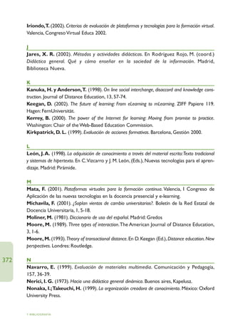 Iriondo,T. (2002). Criterios de evaluación de plataformas y tecnologías para la formación virtual.
      Valencia, Congreso Virtual Educa 2002.

      J
      Jares, X. R. (2002). Métodos y actividades didácticas. En Rodríguez Rojo, M. (coord.)
      Didáctica general. Qué y cómo enseñar en la sociedad de la información. Madrid,
      Biblioteca Nueva.

      K
      Kanuka, H. y Anderson,T. (1998). On line social interchange, disaccord and knowledge cons-
      truction. Journal of Distance Education, 13, 57-74.
      Keegan, D. (2002). The future of learning: From eLearning to mLearning. ZIFF Papiere 119.
      Hagen: FernUniversität.
      Kerrey, B. (2000). The power of the Internet for learning: Moving from promise to practice.
      Washington: Chair of the Web-Based Education Commission.
      Kirkpatrick, D. L. (1999). Evaluación de acciones formativas. Barcelona, Gestión 2000.

      L
      León, J.A. (1998). La adquisición de conocimiento a través del material escrito:Texto tradicional
      y sistemas de hipertexto. En C.Vizcarro y J. M. León, (Eds.), Nuevas tecnologías para el apren-
      dizaje. Madrid: Pirámide.

      M
      Mata, F. (2001). Plataformas virtuales para la formación continua. Valencia, I Congreso de
      Aplicación de las nuevas tecnologías en la docencia presencial y e-learning.
      Michavila, F. (2001). ¿Soplan vientos de cambio universitarios?. Boletín de la Red Estatal de
      Docencia Universitaria, 1, 5-18.
      Moliner, M. (1981). Diccionario de uso del español. Madrid: Gredos
      Moore, M. (1989). Three types of interaction.The American Journal of Distance Education,
      3, 1-6.
      Moore, M. (1993).Theory of transactional distance. En D. Keegan (Ed.), Distance education. New
      perspectives. Londres: Routledge.

372   N
      Navarro, E. (1999). Evaluación de materiales multimedia. Comunicación y Pedagogía,
      157, 36-39.
      Nerici, I. G. (1973). Hacia una didáctica general dinámica. Buenos aires, Kapelusz.
      Nonaka, I.;Takeuchi, H. (1999). La organización creadora de conocimiento. México: Oxford
      University Press.


      7. BIBLIOGRAFÍA
 