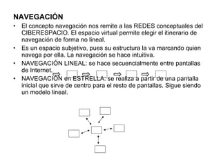 NAVEGACIÓN El concepto navegación nos remite a las REDES conceptuales del CIBERESPACIO. El espacio virtual permite elegir el itinerario de navegación de forma no lineal.  Es un espacio subjetivo, pues su estructura la va marcando quien navega por ella. La navegación se hace intuitiva. NAVEGACIÓN LINEAL: se hace secuencialmente entre pantallas de Internet. NAVEGACIÓN en ESTRELLA: se realiza a partir de una pantalla inicial que sirve de centro para el resto de pantallas. Sigue siendo un modelo lineal.  