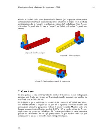 Constructopedia de robots móviles basados en LEGO.                                          35




Gracias al Technic Axle Joiner Perpendicular Double Split se pueden realizar varias
construcciones similares; en todas ellas se permite un cambio de ángulo con la ayuda de
distintas piezas. En la Figura 55 se utilizan dos Liftarm 1x3, en la Figura 56 un Technic
Axle Joiner Perpendicular 3L, y en la Figura 57 un Technic Axle Joiner Perpendicular
Double.




         Figura 55: Cambio de ángulo
                                                           Figura 56: Cambio de ángulo




                      Figura 57: Cambio en la orientación de los agujeros




7 Conectores
En este apartado se va a hablar de todas las familias de piezas que existen en Lego, que
permiten unir bricks que forman un determinado ángulo, extender ejes, cambiar su
sentido de giro, su dirección, etc.
En la Figura 41 ya se ha hablado del primero de los conectores, el Technic axle joiner,
que permite extender la longitud de los ejes. En la siguiente sección se mostrará una
construcción alternativa que permite realizar el mismo cometido. Mientras tanto, a la
hora de unir dos ejes en diferentes ángulos, de 90º a 180º se pueden utilizar los Technic
angle connector, que se ven en la Figura 58. Como se puede observar, estos conectores
pueden ser atravesados por un eje, permitiéndose el giro relativo entre los ejes
conectados y el eje que se encuentra en un plano perpendicular.




35
 