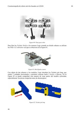 Constructopedia de robots móviles basados en LEGO.                                       46




                               Figura 80: Patas para robot

Para fijar los Technic bricks a los motores Lego creando un diseño robusto se utilizan
los Plate 1x2 with door rail que se observan en la Figura 81.




                              Figura 81: Brick fijado a motor

Con objeto de dar robustez a los modelos, Lego introdujo los Technic pin long, que
miden 3 unidades horizontales y permiten conectar hasta 3 bricks o liftarms. En la
Figura 82 se puede comprobar esta manera de crear partes del modelo reforzadas
especialmente: las piezas romperían antes de desencajarse.




                               Figura 82: Technic pin long



46
 