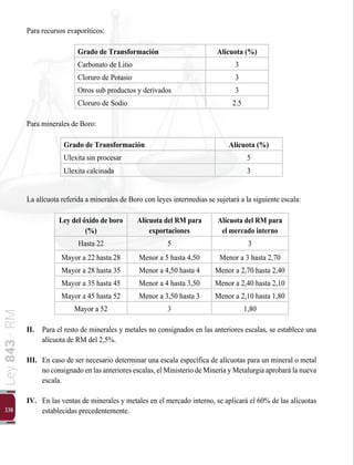 330
Ley
843
-
RM
Para recursos evaporíticos:
Grado de Transformación Alícuota (%)
Carbonato de Litio 3
Cloruro de Potasio 3
Otros sub productos y derivados 3
Cloruro de Sodio 2.5
Para minerales de Boro:
Grado de Transformación Alícuota (%)
Ulexita sin procesar 5
Ulexita calcinada 3
La alícuota referida a minerales de Boro con leyes intermedias se sujetará a la siguiente escala:
Ley del óxido de boro
(%)
Alícuota del RM para
exportaciones
Alícuota del RM para
el mercado interno
Hasta 22 5 3
Mayor a 22 hasta 28 Menor a 5 hasta 4,50 Menor a 3 hasta 2,70
Mayor a 28 hasta 35 Menor a 4,50 hasta 4 Menor a 2,70 hasta 2,40
Mayor a 35 hasta 45 Menor a 4 hasta 3,50 Menor a 2,40 hasta 2,10
Mayor a 45 hasta 52 Menor a 3,50 hasta 3 Menor a 2,10 hasta 1,80
Mayor a 52 3 1,80
II.	 Para el resto de minerales y metales no consignados en las anteriores escalas, se establece una
alícuota de RM del 2,5%.
III.	 En caso de ser necesario determinar una escala específica de alícuotas para un mineral o metal
no consignado en las anteriores escalas, el Ministerio de Minería y Metalurgia aprobará la nueva
escala.
IV.	 En las ventas de minerales y metales en el mercado interno, se aplicará el 60% de las alícuotas
establecidas precedentemente.
 