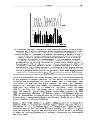Limnología                                               107




 Fig. 16. Efectos de la perturbación superficial del agua sobre lances de red consecutivos a lo largo de la misma
      transecta de 100 m de largo, en un cuerpo lenítico (embalse Cassafouths, provincia de Córdoba). En todos
       los casos se grafican datos comparativos sobre la base del resultado del primero (100%) de tres barridos
   sucesivos (ida-vuelta-ida). El tiempo transcurrido entre cada par de barridos fue de alrededor de 5-10 min. Los
         números identifican cada uno de los grupos de zoopláncteres contados: 1) Nauplii de copépodos (talla
          promedio: 0,19 mm); 2) Acanthocyclops robustus, copepoditos pequeños (0,40 mm); 3) A. robustus,
          copepoditos grandes (0,67 mm); 4) A. robustus, adultos (1,02 mm); 5) Notodiaptomus incompositus,
        copepoditos (0,68 mm); 6) N. incompositus, adultos (1,2 mm); 7) Diaphanosoma brachyurum, individuos
    pequeños (0,42 mm); 8) D. brachyurum, grandes (0,94 mm); 9) Daphnia spinulata, pequeños (0,81 mm); 10)
     D. spinulata, grandes (1,42 mm); 11) Bosmina huaronensis y Bosmina longirostris, pequeños (0,32 mm); 12)
       B. huaronensis y B. longirostris, grandes (0,45 mm); 13) Ceriodaphnia dubia, pequeños (0,38 mm); 14) C.
    dubia, grandes (0,62 mm); 15) Keratella cochlearis (0,18 mm). Cada uno de los datos representa el promedio
    de varios tríos de lances. Nótese que durante el día se observa una clara disminución desde el primer barrido
     (en aguas no perturbadas), hasta el tercero (en aguas perturbadas por los dos pasajes anteriores), mientras
       que durante la noche las oscilaciones alrededor del 100% (primer barrido) son azarosas. (De Boltovskoy y
                                                     Mazzoni, 1988).

Varios investigadores realizaron análisis detallados acerca de la eficiencia comparativa de
los tres sistemas de muestreo descriptos, así como estudios del comportamiento del
zooplancton y de sus efectos sobre las capturas (Barkley, 1964, 1972; Fleminger y Clutter,
1965; Smyly, 1968; UNESCO, 1968; Wiebe y Holland, 1968; Herke, 1969; Langeland y
Rognerud, 1974; Singarajah, 1975; Strickler, 1975; Hodgkiss, 1977; Ruttner Kolisko, 1977;
Gale y Mohr, 1978; Leithiser et al., 1979; Haury et al., 1980; Kriete y Loesch, 1980; Beers,
1981; Orr, 1981; Cada y Loar, 1982; Kovalev y Egorov, 1982; Omori y Hamner, 1982; Wiebe
et al., 1982; Gallagher y Conner, 1983; Taggart y Leggett, 1984; Boltovskoy et al., 1984,
1985; Hillmann-Kitalong y Birkeland, 1987; Boltovskoy y Alder, 1988; Boltovskoy y Mazzoni,
1988; etc.). Los resultados correspondientes no son coincidentes, pero la mayoría apuntan a
la existencia de errores muy significativos en las estimaciones de abundancia con diferentes
artes de muestreo y en diferentes condiciones.

Boltovskoy et al. (1985) y Boltovskoy y Mazzoni (1988) presentaron los resultados de un
detallado estudio de la eficiencia comparativa de redes de plancton empujadas delante de la
embarcación (es decir, muestreando aguas no perturbadas por el paso del bote) y
remolcadas detrás de ella, una bomba de succión centrífuga, y una botella. Los grupos
analizados fueron dos copépodos, tres cladóceros (todos divididos en clases de tamaño) y
un rotífero, en un total de alrededor de 100 muestras. Los resultados más importantes de
este estudio fueron:
 