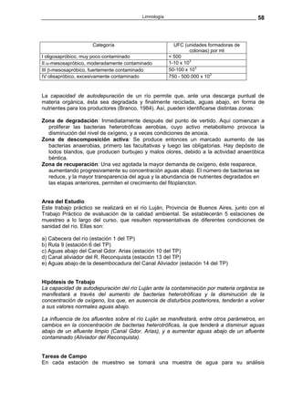 Limnología                                      58



                     Categoría                          UFC (unidades formadoras de
                                                               colonias) por ml
I oligosapróbico, muy poco contaminado                < 500
II α-mesosapróbico, moderadamente contaminado         1-10 x 103
III β-mesosapróbico, fuertemente contaminado          50-100 x 103
IV olisapróbico, excesivamente contaminado            750 - 500.000 x 103


La capacidad de autodepuración de un río permite que, ante una descarga puntual de
materia orgánica, ésta sea degradada y finalmente reciclada, aguas abajo, en forma de
nutrientes para los productores (Branco, 1984). Así, pueden identificarse distintas zonas:

Zona de degradación: Inmediatamente después del punto de vertido. Aquí comienzan a
  proliferar las bacterias heterotróficas aerobias, cuyo activo metabolismo provoca la
  disminución del nivel de oxígeno, y a veces condiciones de anoxia.
Zona de descomposición activa: Se produce entonces un marcado aumento de las
  bacterias anaerobias, primero las facultativas y luego las obligatorias. Hay depósito de
  lodos blandos, que producen burbujeo y malos olores, debido a la actividad anaeróbica
  béntica.
Zona de recuperación: Una vez agotada la mayor demanda de oxígeno, éste reaparece,
  aumentando progresivamente su concentración aguas abajo. El número de bacterias se
  reduce, y la mayor transparencia del agua y la abundancia de nutrientes degradados en
  las etapas anteriores, permiten el crecimiento del fitoplancton.


Area del Estudio
Este trabajo práctico se realizará en el río Luján, Provincia de Buenos Aires, junto con el
Trabajo Práctico de evaluación de la calidad ambiental. Se establecerán 5 estaciones de
muestreo a lo largo del curso, que resulten representativas de diferentes condiciones de
sanidad del río. Ellas son:

a) Cabecera del río (estación 1 del TP)
b) Ruta 9 (estación 6 del TP)
c) Aguas abajo del Canal Gdor. Arias (estación 10 del TP)
d) Canal aliviador del R. Reconquista (estación 13 del TP)
e) Aguas abajo de la desembocadura del Canal Aliviador (estación 14 del TP)


Hipótesis de Trabajo
La capacidad de autodepuración del río Luján ante la contaminación por materia orgánica se
manifestará a través del aumento de bacterias heterotróficas y la disminución de la
concentración de oxígeno, los que, en ausencia de disturbios posteriores, tenderán a volver
a sus valores normales aguas abajo.

La influencia de los afluentes sobre el río Luján se manifestará, entre otros parámetros, en
cambios en la concentración de bacterias heterotróficas, la que tenderá a disminuir aguas
abajo de un afluente limpio (Canal Gdor. Arias), y a aumentar aguas abajo de un afluente
contaminado (Aliviador del Reconquista).


Tareas de Campo
En cada estación de muestreo se tomará una muestra de agua para su análisis
 