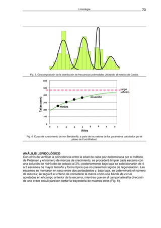 Limnología                                                  73




     Fig. 3. Descomposición de la distribución de frecuencias polimodales utilizando el método de Cassie.




  Fig. 4. Curva de vcrecimiento de von Bertalanffy, a partir de los valores de los parámetros calculados por el
                                           ploteo de Ford-Walford.




ANÁLILIS LEPIDOLÓGICO
Con el fin de verificar la coincidencia entre la edad de cada pez determinada por el método
de Petersen y el número de marcas de crecimiento, se procederá limpiar cada escama con
una solución de hidróxido de potasio al 2%; posteriormente bajo lupa se seleccionarán de 4
a 5 escamas de mayor tamaño y forma típica que no presenten signos de regeneración. Las
escamas se montarán en seco entre dos portaobjetos y, bajo lupa, se determinará el número
de marcas; se seguirá el criterio de considerar la marca como una banda de circuli
apretados en el campo anterior de la escama, mientras que en el campo lateral la dirección
de uno o dos circuli parecen cortar la trayectoria de muchos otros (Fig. 5).
 