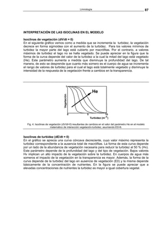 Limnología                                                    87




INTERPRETACIÓN DE LAS ISOCLINAS EN EL MODELO

Isoclinas de vegetación (dV/dt = 0)
En el siguiente gráfico vemos como a medida que se incrementa la turbidez, la vegetación
decrece en forma sigmoidea con el aumento de la turbidez. Para los valores mínimos de
turbidez la mayor parte del lago está cubierto por macrófitas. Por el contrario, a valores
máximos de turbidez el lago no se halla vegetado. Se puede apreciar en la figura que la
forma de la curva depende del valor de la turbidez a la cual la mitad del lago está vegetado
(He). Este parámetro aumenta a medida que disminuye la profundidad del lago. De tal
manera, de esto se desprende que cuanto más somero es el cuerpo de agua se incrementa
el rango de valores de turbidez para el cual el lago está totalmente vegetado y disminuye la
intensidad de la respuesta de la vegetación frente a cambios en la transparencia.




  Fig. 4. Isoclinas de vegetación (dV/dt=0) resultantes de cambios en el valor del parámetro He en el modelo
                        matemático de interacción vegetación-turbidez, asumiendo E0=6.


Isoclinas de turbidez (dE/dt = 0)
En el gráfico se aprecia una curva cóncava decreciente, cuyo valor máximo representa la
turbidez correspondiente a la ausencia total de macrófitas. La forma de esta curva depende
por un lado de la abundancia de vegetación necesaria para reducir la turbidez al 50 % (Hv).
Este parámetro depende de la profundidad del lago y del tipo de vegetación. Bajos valores
Hv implican un alto impacto de la vegetación sobre la turbidez. En cuerpos de agua más
someros el impacto de la vegetación en la transparencia es mayor. Además, la forma de la
curva depende de la turbidez del lago en ausencia de vegetación (E0) y la misma depende
básicamente de la concentración de nutrientes. En la figura se puede apreciar que a
elevadas concentraciones de nutrientes la turbidez es mayor a igual cobertura vegetal.
 