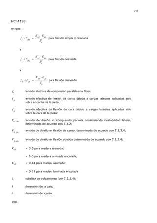 212



NCh1198

en que:

                             K cE ⋅ E dis
             f c < FcEx =                   para flexión simple y desviada
                                 λ2
                                  x


             y

                             K cE ⋅ E dis
             f c < FcEy =                   para flexión desviada,
                                 λ2
                                  y


             y

                             K fE ⋅ E dis
             f fx < F fE =                  para flexión desviada
                                 λ2
                                  v


fc               tensión efectiva de compresión paralela a la fibra;

f fx             tensión efectiva de flexión de canto debido a cargas laterales aplicadas sólo
                 sobre el canto de la pieza;

f fy             tensión efectiva de flexión de cara debido a cargas laterales aplicadas sólo
                 sobre la cara de la pieza;

Fcλ , dis        tensión de diseño en compresión paralela considerando inestabilidad lateral,
                 determinada de acuerdo con 7.3.2;

F fx , dis       tensión de diseño en flexión de canto, determinada de acuerdo con 7.2.2.4;


F fy , dis       tensión de diseño en flexión abatida determinada de acuerdo con 7.2.2.4;


K cE             = 3,6 para madera aserrada;

                 = 5,0 para madera laminada encolada;

K fE             = 0,44 para madera aserrada;

                 = 0,61 para madera laminada encolada;

λv               esbeltez de volcamiento (ver 7.2.2.4);

h                dimensión de la cara;

b                dimensión del canto;

196
 