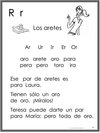 R r
Profra.LourdesElizabethOcampoMartínez 31
Ar Ur Ir Er Or
Los aretes
aro arete oro para
pera pero toro ira
Ese par de aretes es
para Laura.
Tienen sólo un aro
de oro. ¡Míralos!
Teresa puede darte un par
para María; pero todo de oro.
 