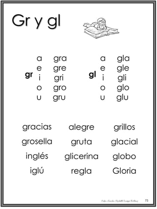Profra. Lourdes Elizabeth Ocampo Martínez 75
gr
Gr y gl
a gra
e gre
i gri
o gro
u gru
gl
a gla
e gle
i gli
o glo
u glu
gracias
grosella
inglés
iglú
alegre
gruta
glicerina
regla
grillos
glacial
globo
Gloria
 