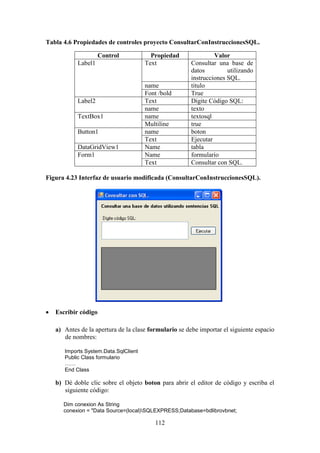 112
Tabla 4.6 Propiedades de controles proyecto ConsultarConInstruccionesSQL.
Control Propiedad Valor
Label1 Text Consultar una base de
datos utilizando
instrucciones SQL.
name titulo
Font /bold True
Label2 Text Digite Código SQL:
name texto
TextBox1 name textosql
Multiline true
Button1 name boton
Text Ejecutar
DataGridView1 Name tabla
Form1 Name formulario
Text Consultar con SQL.
Figura 4.23 Interfaz de usuario modificada (ConsultarConInstruccionesSQL).
 Escribir código
a) Antes de la apertura de la clase formulario se debe importar el siguiente espacio
de nombres:
Imports System.Data.SqlClient
Public Class formulario
……
End Class
b) Dé doble clic sobre el objeto boton para abrir el editor de código y escriba el
siguiente código:
Dim conexion As String
conexion = "Data Source=(local)SQLEXPRESS;Database=bdlibrovbnet;
 