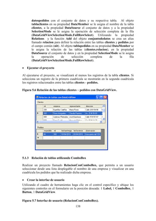 138
datospedidos con el conjunto de datos y su respectiva tabla. Al objeto
tablaclientes en su propiedad DataMember se le asigna el nombre de la tabla
clientes, a la propiedad DataSource el conjunto de datos y a la propiedad
SelectionMode se le asigna la operación de selección completa de la fila
(DataGridViewSelectionMode.FullRowSelect). Utilizando la propiedad
Relations y la función Add del objeto conjuntodedatos se crea un alias
llamado relacion para definir la relación entre las tablas clientes y pedidos por
el campo común (nit). Al objeto tablapedidos en su propiedad DataMember se
le asigna la relación de las tablas (clientes.relacion), en la propiedad
DataSource el conjunto de datos y en la propiedad SelectionMode se le asigna
la operación de selección completa de la fila
(DataGridViewSelectionMode.FullRowSelect).
 Ejecutar el proyecto
Al ejecutarse el proyecto, se visualizará al menos los registros de la tabla clientes. Si
selecciona un registro de la primera cuadrícula se mostrarán en la segunda cuadrícula
los registros relacionados entre las tablas clientes - pedidos.
Figura 5.6 Relación de las tablas clientes – pedidos con DataGridView.
5.1.3 Relación de tablas utilizando ComboBox
Realizar un proyecto llamado RelacionConComboBox, que permita a un usuario
seleccionar desde una lista desplegable el nombre de una empresa y visualizar en una
cuadrícula los pedidos que ha realizado dicha empresa.
 Crear la interfaz de usuario
Utilizando el cuadro de herramientas haga clic en el control específico y ubique los
siguientes controles en el formulario en la posición deseada: 1 Label, 1 ComboBox, 1
Button, 1 DataGridView.
Figura 5.7 Interfaz de usuario (RelacionConComboBox).
 