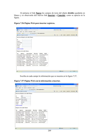 209
Al pulsarse el link Nuevo los campos de texto del objeto detalles quedarán en
blanco y se observarán dos nuevos link Insertar y Cancelar, como se aprecia en la
figura.
Figura 7.56 Página Web para insertar registros.
Escriba en cada campo la información que se muestra en la figura 7.57.
Figura 7.57 Página Web con la información a insertar.
 