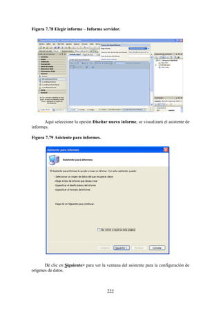 222
Figura 7.78 Elegir informe – Informe servidor.
Aquí seleccione la opción Diseñar nuevo informe, se visualizará el asistente de
informes.
Figura 7.79 Asistente para informes.
Dé clic en Siguiente> para ver la ventana del asistente para la configuración de
orígenes de datos.
 