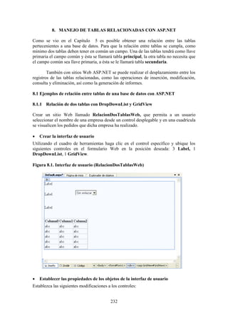 232
8. MANEJO DE TABLAS RELACIONADAS CON ASP.NET
Como se vio en el Capítulo 5 es posible obtener una relación entre las tablas
pertecenientes a una base de datos. Para que la relación entre tablas se cumpla, como
minimo dos tablas deben tener en común un campo. Una de las tablas tendrá como llave
primaria el campo común y ésta se llamará tabla principal, la otra tabla no necesita que
el campo común sea llave primaria, a ésta se le llamará tabla secundaria.
También con sitios Web ASP.NET se puede realizar el desplazamiento entre los
registros de las tablas relacionadas, como las operaciones de inserción, modificación,
consulta y eliminación, así como la generación de informes.
8.1 Ejemplos de relación entre tablas de una base de datos con ASP.NET
8.1.1 Relación de dos tablas con DropDownList y GridView
Crear un sitio Web llamado RelacionDosTablasWeb, que permita a un usuario
seleccionar el nombre de una empresa desde un control desplegable y en una cuadrícula
se visualicen los pedidos que dicha empresa ha realizado.
 Crear la interfaz de usuario
Utilizando el cuadro de herramientas haga clic en el control específico y ubique los
siguientes controles en el formulario Web en la posición deseada: 3 Label, 1
DropDownList, 1 GridView.
Figura 8.1. Interfaz de usuario (RelacionDosTablasWeb)
 Establecer las propiedades de los objetos de la interfaz de usuario
Establezca las siguientes modificaciones a los controles:
 