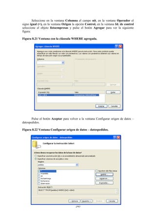 243
Seleccione en la ventana Columna el campo nit, en la ventana Operador el
signo igual (=), en la ventana Origen la opción Control, en la ventana Id. de control
seleccione el objeto listaempresas y pulse el botón Agregar para ver la siguiente
figura:
Figura 8.21 Ventana con la cláusula WHERE agregada.
Pulse el botón Aceptar para volver a la ventana Configurar origen de datos –
datospedidos.
Figura 8.22 Ventana Configurar origen de datos – datospedidos.
 