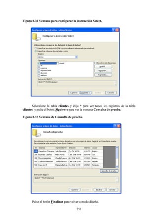 251
Figura 8.36 Ventana para configurar la instrucción Select.
Seleccione la tabla clientes y elija * para ver todos los registros de la tabla
clientes y pulse el botón Siguiente para ver la ventana Consulta de prueba.
Figura 8.37 Ventana de Consulta de prueba.
Pulse el botón Finalizar para volver a modo diseño.
 