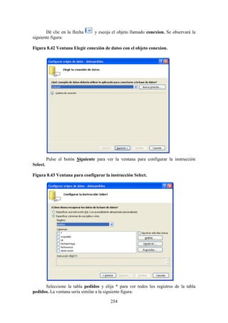 254
Dé clic en la flecha y escoja el objeto llamado conexion. Se observará la
siguiente figura:
Figura 8.42 Ventana Elegir conexión de datos con el objeto conexion.
Pulse el botón Siguiente para ver la ventana para configurar la instrucción
Select.
Figura 8.43 Ventana para configurar la instrucción Select.
Seleccione la tabla pedidos y elija * para ver todos los registros de la tabla
pedidos. La ventana sería similar a la siguiente figura:
 