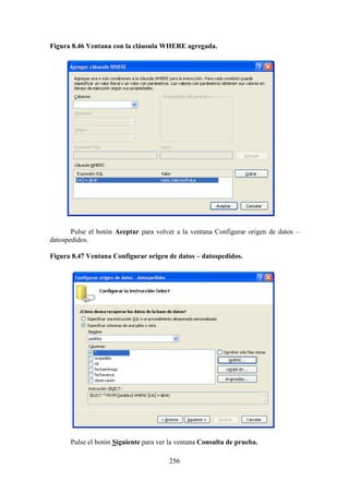 256
Figura 8.46 Ventana con la cláusula WHERE agregada.
Pulse el botón Aceptar para volver a la ventana Configurar origen de datos –
datospedidos.
Figura 8.47 Ventana Configurar origen de datos – datospedidos.
Pulse el botón Siguiente para ver la ventana Consulta de prueba.
 