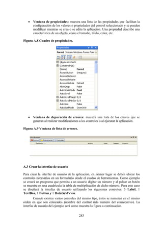 283
 Ventana de propiedades: muestra una lista de las propiedades que facilitan la
configuración de los valores o propiedades del control seleccionado y se pueden
modificar mientras se crea o se edita la aplicación. Una propiedad describe una
característica de un objeto, como el tamaño, título, color, etc.
Figura A.8 Cuadro de propiedades.
 Ventana de depuración de errores: muestra una lista de los errores que se
generan al realizar modificaciones a los controles o al ejecutar la aplicación.
Figura A.9 Ventana de lista de errores.
A.3 Crear la interfaz de usuario
Para crear la interfaz de usuario de la aplicación, en primer lugar se deben ubicar los
controles necesarios en un formulario desde el cuadro de herramientas. Como ejemplo
se creará un programa que permita a un usuario digitar un número y al pulsar un botón
se muestre en una cuadrícula la tabla de multiplicación de dicho número. Para este caso
se diseñará la interfaz de usuario utilizando los siguientes controles: 3 Label, 1
TextBox, 1 Button y 1 DataGridView.
Cuando existen varios controles del mismo tipo, éstos se numeran en el mismo
orden en que son colocados (nombre del control más numero del consecutivo). La
interfaz de usuario del ejemplo será como muestra la figura a continuación.
 
