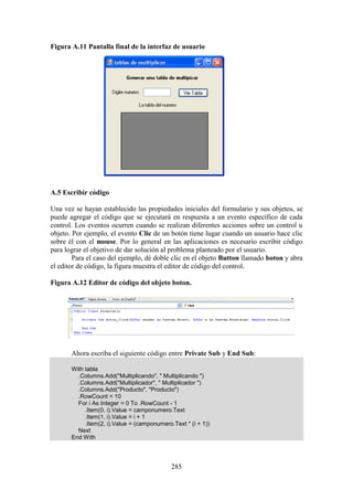 285
Figura A.11 Pantalla final de la interfaz de usuario
A.5 Escribir código
Una vez se hayan establecido las propiedades iniciales del formulario y sus objetos, se
puede agregar el código que se ejecutará en respuesta a un evento específico de cada
control. Los eventos ocurren cuando se realizan diferentes acciones sobre un control u
objeto. Por ejemplo, el evento Clic de un botón tiene lugar cuando un usuario hace clic
sobre él con el mouse. Por lo general en las aplicaciones es necesario escribir código
para lograr el objetivo de dar solución al problema planteado por el usuario.
Para el caso del ejemplo, dé doble clic en el objeto Button llamado boton y abra
el editor de código, la figura muestra el editor de código del control.
Figura A.12 Editor de código del objeto boton.
Ahora escriba el siguiente código entre Private Sub y End Sub:
With tabla
.Columns.Add("Multiplicando", " Multiplicando ")
.Columns.Add("Multiplicador", " Multiplicador ")
.Columns.Add("Producto", "Producto")
.RowCount = 10
For i As Integer = 0 To .RowCount - 1
.Item(0, i).Value = camponumero.Text
.Item(1, i).Value = i + 1
.Item(2, i).Value = (camponumero.Text * (i + 1))
Next
End With
 