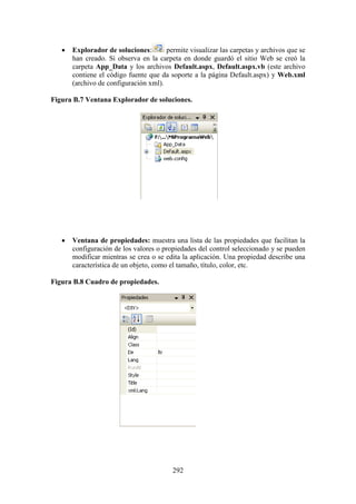 292
 Explorador de soluciones: permite visualizar las carpetas y archivos que se
han creado. Si observa en la carpeta en donde guardó el sitio Web se creó la
carpeta App_Data y los archivos Default.aspx, Default.aspx.vb (este archivo
contiene el código fuente que da soporte a la página Default.aspx) y Web.xml
(archivo de configuración xml).
Figura B.7 Ventana Explorador de soluciones.
 Ventana de propiedades: muestra una lista de las propiedades que facilitan la
configuración de los valores o propiedades del control seleccionado y se pueden
modificar mientras se crea o se edita la aplicación. Una propiedad describe una
característica de un objeto, como el tamaño, título, color, etc.
Figura B.8 Cuadro de propiedades.
 