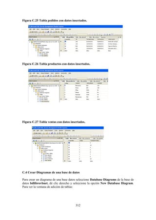 312
Figura C.25 Tabla pedidos con datos insertados.
Figura C.26 Tabla productos con datos insertados.
Figura C.27 Tabla ventas con datos insertados.
C.4 Crear Diagramas de una base de datos
Para crear un diagrama de una base datos seleccione Database Diagrams de la base de
datos bdlibrovbnet, dé clic derecho y seleccione la opción New Database Diagram.
Para ver la ventana de adición de tablas:
 
