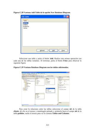 313
Figura C.28 Ventana Add Table de la opción New Database Diagram.
Seleccione una tabla y pulse el botón Add. Realice esta misma operación con
cada una de las tablas restantes. Al terminar, pulse el botón Close para observar la
siguiente figura:
Figura C.29 Ventana Database Diagram con las tablas adicionadas.
Para crear la relaciones entre las tablas seleccione el campo nit de la tabla
cliente, dé clic en el mouse y manténgalo pulsado y arrástrelo hacia el campo nit de la
tabla pedidos, suelte el mouse para ver la ventana Tables and Columns.
 