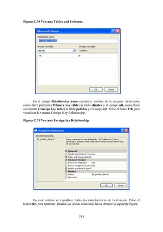 314
Figura C.30 Ventana Tables and Columns.
En el campo Relationship name escriba el nombre de la relación. Seleccione
como llave primaria (Primary key table) la tabla clientes y el campo nit, como llave
secundaria (Foreign key table) la tabla pedidos y el campo nit. Pulse el botón OK para
visualizar la ventana Foreign Key Relationship.
Figura C.31 Ventana Foreign key Relationship.
En esta ventana se visualizan todas las características de la relación. Pulse el
botón OK para terminar. Realice las demás relaciones hasta obtener la siguiente figura:
 