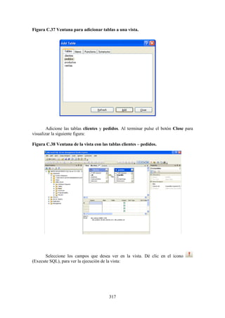 317
Figura C.37 Ventana para adicionar tablas a una vista.
Adicione las tablas clientes y pedidos. Al terminar pulse el botón Close para
visualizar la siguiente figura:
Figura C.38 Ventana de la vista con las tablas clientes – pedidos.
Seleccione los campos que desea ver en la vista. Dé clic en el icono
(Execute SQL), para ver la ejecución de la vista:
 