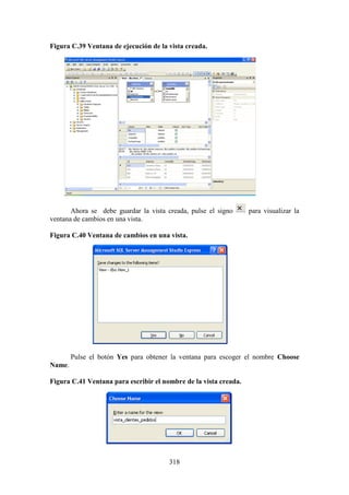 318
Figura C.39 Ventana de ejecución de la vista creada.
Ahora se debe guardar la vista creada, pulse el signo para visualizar la
ventana de cambios en una vista.
Figura C.40 Ventana de cambios en una vista.
Pulse el botón Yes para obtener la ventana para escoger el nombre Choose
Name.
Figura C.41 Ventana para escribir el nombre de la vista creada.
 
