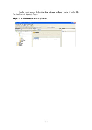 319
Escriba como nombre de la vista vista_clientes_pedidos y pulse el botón OK.
Se visualizará la siguiente figura:
Figura C.42 Ventana con la vista guardada.
 