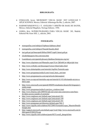 334
BIBLIOGRAFÍA
 CEBALLOS, Javier. MICROSOFT VISUAL BASIC .NET LENGUAJE Y
APLICACIONES, Mexico, Editorial Alfaomega Ra-Ma, 2a edición, 2007.
 HARWRYSZKIEWYCZ, I T. ANÁLISIS Y DISEÑO DE BASE DE DATOS,
México, Editorial Megabyte, Noriega Editores. 1994.
 JAMSA, Kris. SUPERUTILIDADES PARA VISUAL BASIC .NE, Madrid,
Editorial Mc Graw Hill, 1a. edición, 2003.
INFOGRAFÍA
 monografias.com/trabajos5/tipbases/tipbases.shtml
 monografias.com/trabajos5/basede/basede.shtml
 inei.gob.pe/cpi/bancopub/libfree/lib607/cap01.htmet.gob.pe
 elizabethpeguero.8m.com/enza.htm
 Learnthenet.com/spanish/glossary/database.htmipyme.org/sie/
 http://www.elquintero.net/Manuales.aspx?Cat=2&SubCat=6&jscript=true
 http://www.willydev.net/descargas/Cursos/vbnet/index.html
 http://www.dotnetspider.com/tutorials/AspNet-Tutorials.aspx
 http://www.programacionfacil.com/visual_basic_net/start
 http://www.programacion.com/asp/articulo/datosaspnet/
 http://www.es-asp.net/tutoriales-asp-net/tutorial-61-81/efectuando-acceso-a-
datos.aspx.
 http://www.microsoft.com/spanish/MSDN/estudiantes/desarrollo/lenguajes/v
studio.mspx
 http://www.programacionfacil.com/java_windows/start
 http://www.bitarray.info/2009/02/ado-net-crear-una-conexion-a-una-base-
de-datos-access-usando-el-asistente/
 http://www.onglasses.net//default.aspx?articuloid=261
 http://www.onglasses.net//default.aspx?articuloid=199
 http://www.onglasses.net//default.aspx?articuloid=291
 http://www.programar.net/directory/default.aspx?fid=3
 http://www.elguille.info/colabora/NET2005/FernandoLuque_MaestroDetalle
Simple.htm
 http://support.microsoft.com/default.aspx?scid=http://www.microsoft.com/in
tlkb/spain/E308/0/56.asp
 http://www.elguille.info/colabora/puntoNET/yosall_datagrid.htm
 