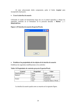 39
Al estar seleccionado dicho componente, pulse el botón Aceptar para
incorporarlo al proyecto.
 Crear la interfaz de usuario
Utilizando el cuadro de herramientas haga clic en el control específico y ubique los
siguientes controles en el formulario en la posición deseada: 1 Button y 1
DataGridView.
Figura 1.29 Interfaz de usuario (ExportarWord).
 Establecer las propiedades de los objetos de la interfaz de usuario
Establezca las siguientes modificaciones a los controles:
Tabla 1.8 Propiedades de controles proyecto ExportarWord.
Control Propiedad Valor
DataGridView1 Name tabla
Button1 Name botonexportar
Text Exportar a Word
Form1 Name formulario
Text Exportar datos a Word.
La interfaz de usuario queda como se muestra en la siguiente figura:
 