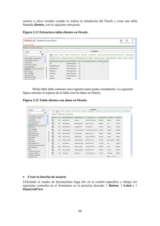 60
usuario y clave creados cuando se realiza la instalación del Oracle y crear una tabla
llamada clientes, con la siguiente estructura:
Figura 2.11 Estructura tabla clientes en Oracle.
Dicha tabla debe contener unos registros para poder consultarlos. La siguiente
figura muestra el aspecto de la tabla con los datos en Oracle:
Figura 2.12 Tabla clientes con datos en Oracle.
 Crear la interfaz de usuario
Utilizando el cuadro de herramientas haga clic en el control específico y ubique los
siguientes controles en el formulario en la posición deseada: 1 Button, 1 Label y 1
DataGridView.
 