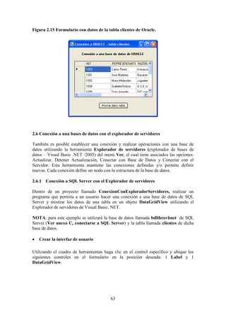 63
Figura 2.15 Formulario con datos de la tabla clientes de Oracle.
2.6 Conexión a una bases de datos con el explorador de servidores
También es posible establecer una conexión y realizar operaciones con una base de
datos utilizando la herramienta Explorador de servidores (explorador de bases de
datos – Visual Basic .NET /2005) del menú Ver, el cual tiene asociados las opciones:
Actualizar, Detener Actualización, Conectar con Base de Datos y Conectar con el
Servidor. Esta herramienta mantiene las conexiones definidas y/o permite definir
nuevas. Cada conexión define un nodo con la estructura de la base de datos.
2.6.1 Conexión a SQL Server con el Explorador de servidores
Dentro de un proyecto llamado ConexionConExploradorServidores, realizar un
programa que permita a un usuario hacer una conexión a una base de datos de SQL
Server y mostrar los datos de una tabla en un objeto DataGridView utilizando el
Explorador de servidores de Visual Basic. NET.
NOTA: para este ejemplo se utilizará la base de datos llamada bdlibrovbnet de SQL
Server (Ver anexo C, conectarse a SQL Server) y la tabla llamada clientes de dicha
base de datos.
 Crear la interfaz de usuario
Utilizando el cuadro de herramientas haga clic en el control específico y ubique los
siguientes controles en el formulario en la posición deseada: 1 Label y 1
DataGridView.
 