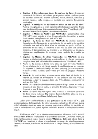 7
 Capítulo 4, Operaciones con tablas de una base de datos: Se manejan
ejemplos de las distintas operaciones que se pueden realizar con los registros
de una tabla como son: insertar, consultar, buscar, eliminar, actualizar y
generar reportes. Cada operación es ilustrada con ejemplos debidamente
explicados.
 Capítulo 5, Manejo de las relaciones de tablas en una base de datos:
Aquí se conceptualiza y se crean ejemplos sobre la relación de tablas de una
base de datos utilizando diferentes controles que ofrece Visual Basic .NET,
así como la creación de reportes con tablas relacionadas.
 Capítulo 6, Manejo de Archivos con ASP.NET: Se conceptualiza sobre
ASP. NET, como también se crean diversos ejemplos de escritura y lectura
de archivos de texto plano en una aplicación Web.
 Capítulo 7, Bases de datos con ASP.NET: Se diseñan ejemplos
ilustrativos sobre la operación y manipulación de los registros de una tabla
utilizando una aplicación Web. Con los ejemplos se puede verificar la
estructura de una tabla, la conexión a una base de datos con distintos
controles, el desplazamiento de registros y las operaciones de inserción,
eliminación, modificación de registros, como también la creación de
reportes.
 Capítulo 8, Manejo de tablas relacionadas con ASP.NET: En este
capítulo se diseñaron ejemplos que permiten obtener la relación entre tablas
en aplicaciones Web utilizando diferentes controles de Visual Basic. NET.
 Anexo A: Se explica en forma breve cómo se crean proyectos Windows
Forms, el diseño de la interfaz de usuario, la modificación de los controles
del proyecto, la escritura de código, así como guardar y ejecutar un proyecto
Windows Forms. Además, cómo cerrar y/o abrir un proyecto Windows
Forms.
 Anexo B: Se explica cómo se crean nuevos sitios Web, el diseño de la
interfaz de usuario, la modificación de los controles del sitio Web, la
escritura de código y la ejecución de un sitio Web. Además, cómo cerrar y/o
abrir un sitio Web.
 Anexo C: Se explica cómo se realiza la conexión a SQL Server, así como la
creación de una base de datos, la creación de tablas, diagramas y vistas
dentro de la base de datos.
 Anexo D: En este anexo se explica cómo se realiza la instalación de la base
de datos Oracle Database 10g Express Edition; también, cómo se crea e
insertan datos en una tabla de dicha base de datos.
Como apoyo complementario a esta publicación se ha incluido un CD que
contiene cada uno de los capítulos del libro, los anexos explicativos del software que se
utilizó, el código fuente de todos los ejemplos mostrados en el libro por capítulo, así
como el software utilizado y otros aspectos de interés. Además se incluye el documento
en pdf.
Si al insertar el CD no se ejecuta automáticamente, el usuario deberá abrir el
archivo inicio.html que se encuentra en el directorio raíz del CD. Una vez abierto, se
podrá ver la página de inicio; pulse la imagen “Manejo de datos con Visual Basic y
ASP.NET”, se visualizará la página principal donde encontrará los vínculos para cada
capítulo, los anexos, el software, los archivos con el código fuente y el documento del
libro.
 