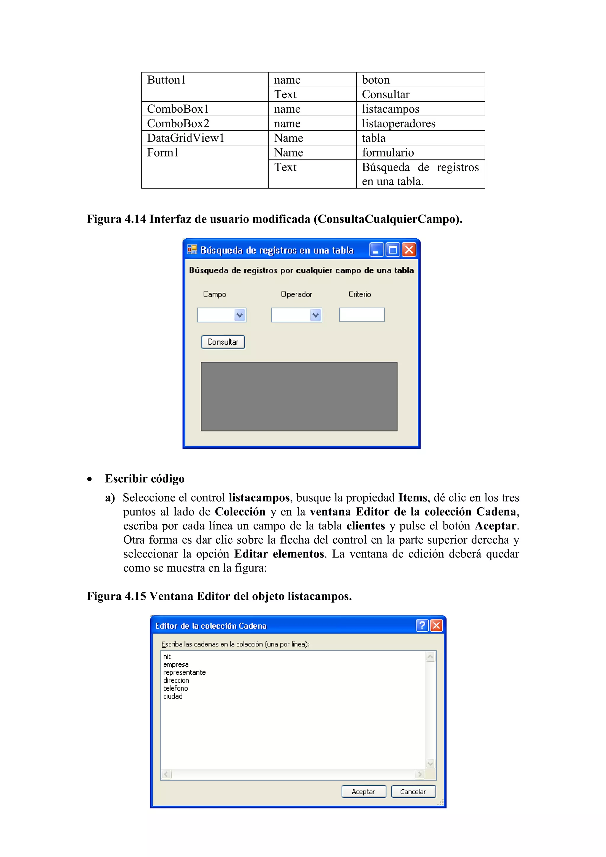 105
Button1 name boton
Text Consultar
ComboBox1 name listacampos
ComboBox2 name listaoperadores
DataGridView1 Name tabla
Form1 Name formulario
Text Búsqueda de registros
en una tabla.
Figura 4.14 Interfaz de usuario modificada (ConsultaCualquierCampo).
 Escribir código
a) Seleccione el control listacampos, busque la propiedad Items, dé clic en los tres
puntos al lado de Colección y en la ventana Editor de la colección Cadena,
escriba por cada línea un campo de la tabla clientes y pulse el botón Aceptar.
Otra forma es dar clic sobre la flecha del control en la parte superior derecha y
seleccionar la opción Editar elementos. La ventana de edición deberá quedar
como se muestra en la figura:
Figura 4.15 Ventana Editor del objeto listacampos.
 