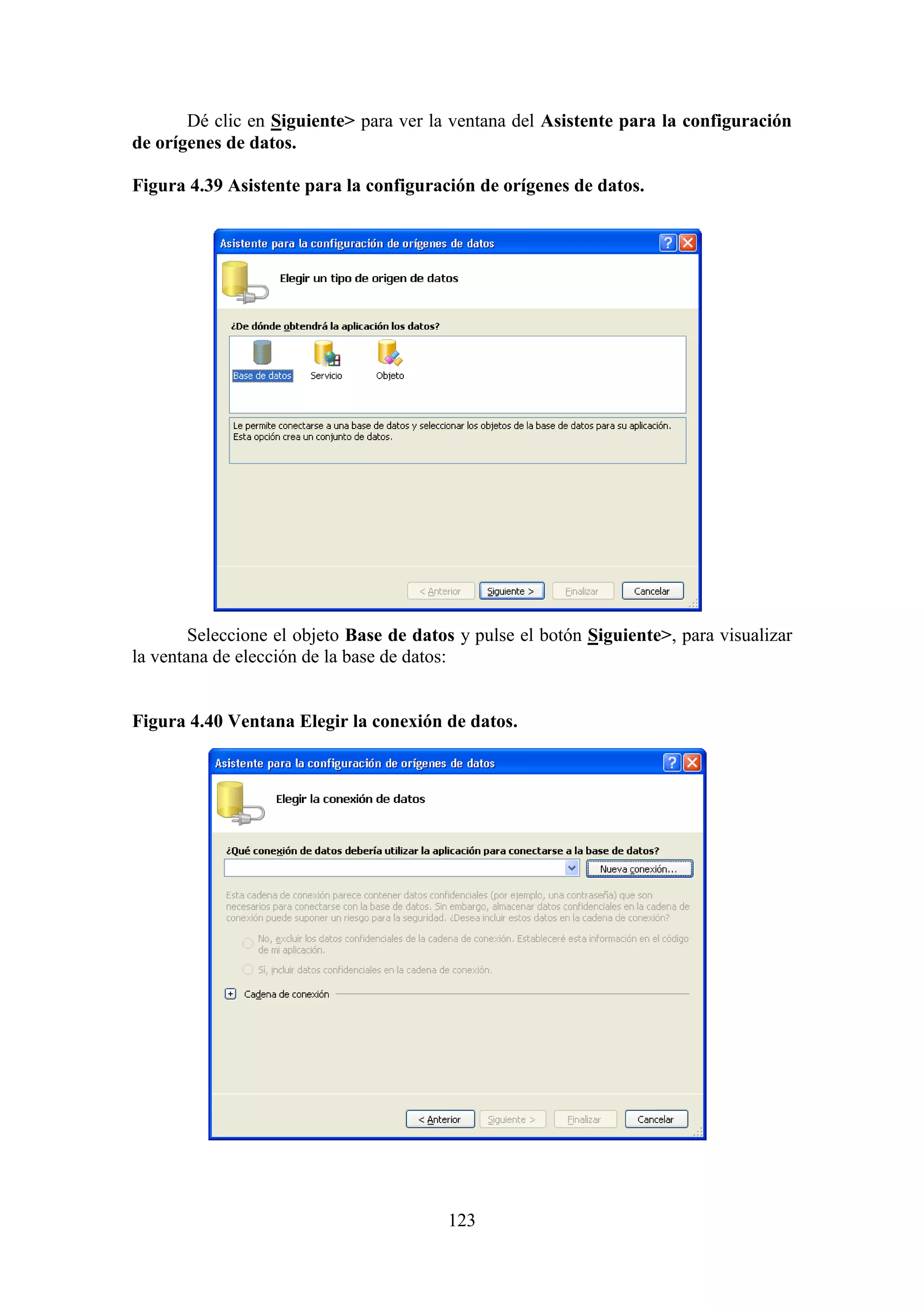 123
Dé clic en Siguiente> para ver la ventana del Asistente para la configuración
de orígenes de datos.
Figura 4.39 Asistente para la configuración de orígenes de datos.
Seleccione el objeto Base de datos y pulse el botón Siguiente>, para visualizar
la ventana de elección de la base de datos:
Figura 4.40 Ventana Elegir la conexión de datos.
 