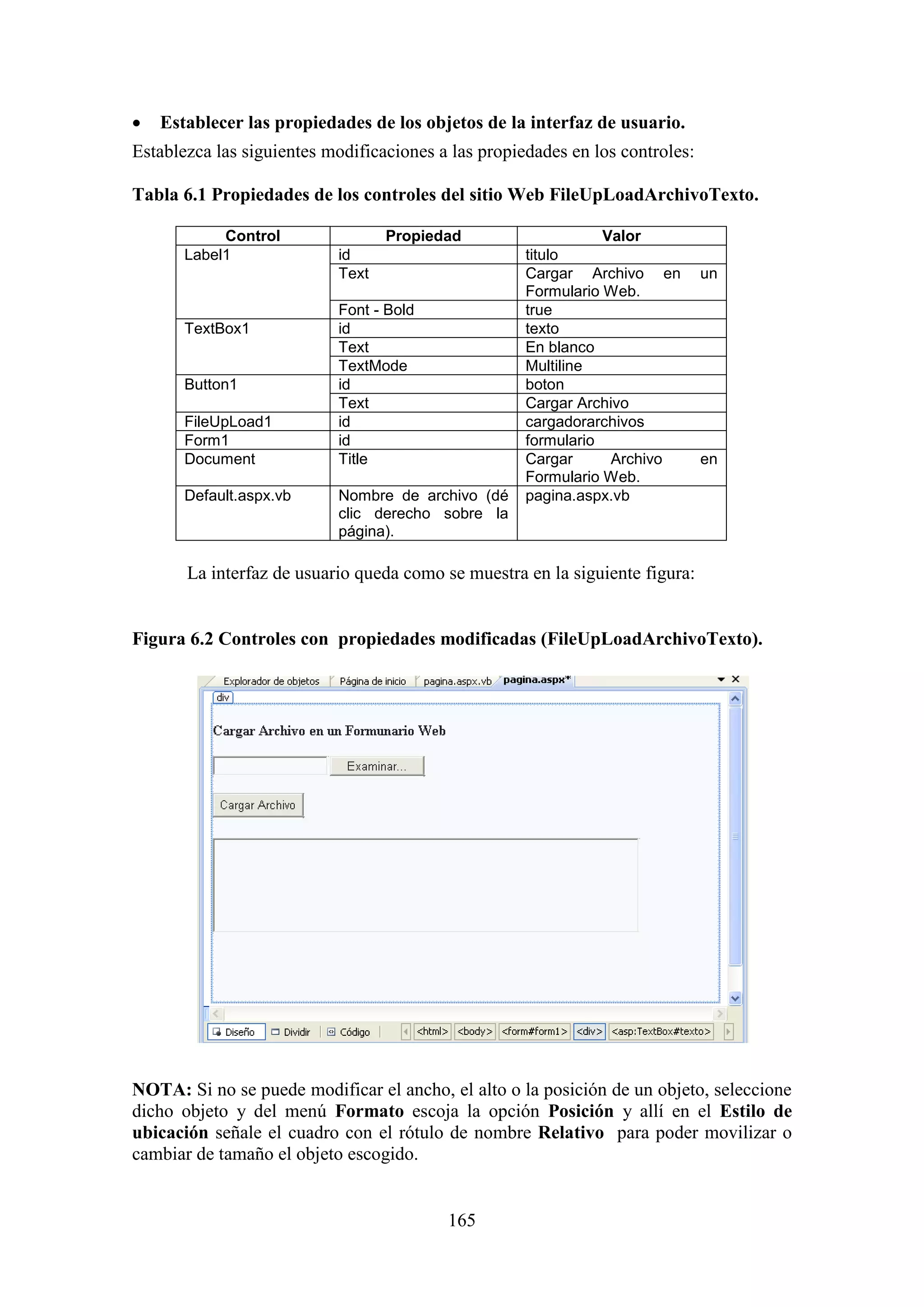 165
 Establecer las propiedades de los objetos de la interfaz de usuario.
Establezca las siguientes modificaciones a las propiedades en los controles:
Tabla 6.1 Propiedades de los controles del sitio Web FileUpLoadArchivoTexto.
Control Propiedad Valor
Label1 id titulo
Text Cargar Archivo en un
Formulario Web.
Font - Bold true
TextBox1 id texto
Text En blanco
TextMode Multiline
Button1 id boton
Text Cargar Archivo
FileUpLoad1 id cargadorarchivos
Form1 id formulario
Document Title Cargar Archivo en
Formulario Web.
Default.aspx.vb Nombre de archivo (dé
clic derecho sobre la
página).
pagina.aspx.vb
La interfaz de usuario queda como se muestra en la siguiente figura:
Figura 6.2 Controles con propiedades modificadas (FileUpLoadArchivoTexto).
NOTA: Si no se puede modificar el ancho, el alto o la posición de un objeto, seleccione
dicho objeto y del menú Formato escoja la opción Posición y allí en el Estilo de
ubicación señale el cuadro con el rótulo de nombre Relativo para poder movilizar o
cambiar de tamaño el objeto escogido.
 