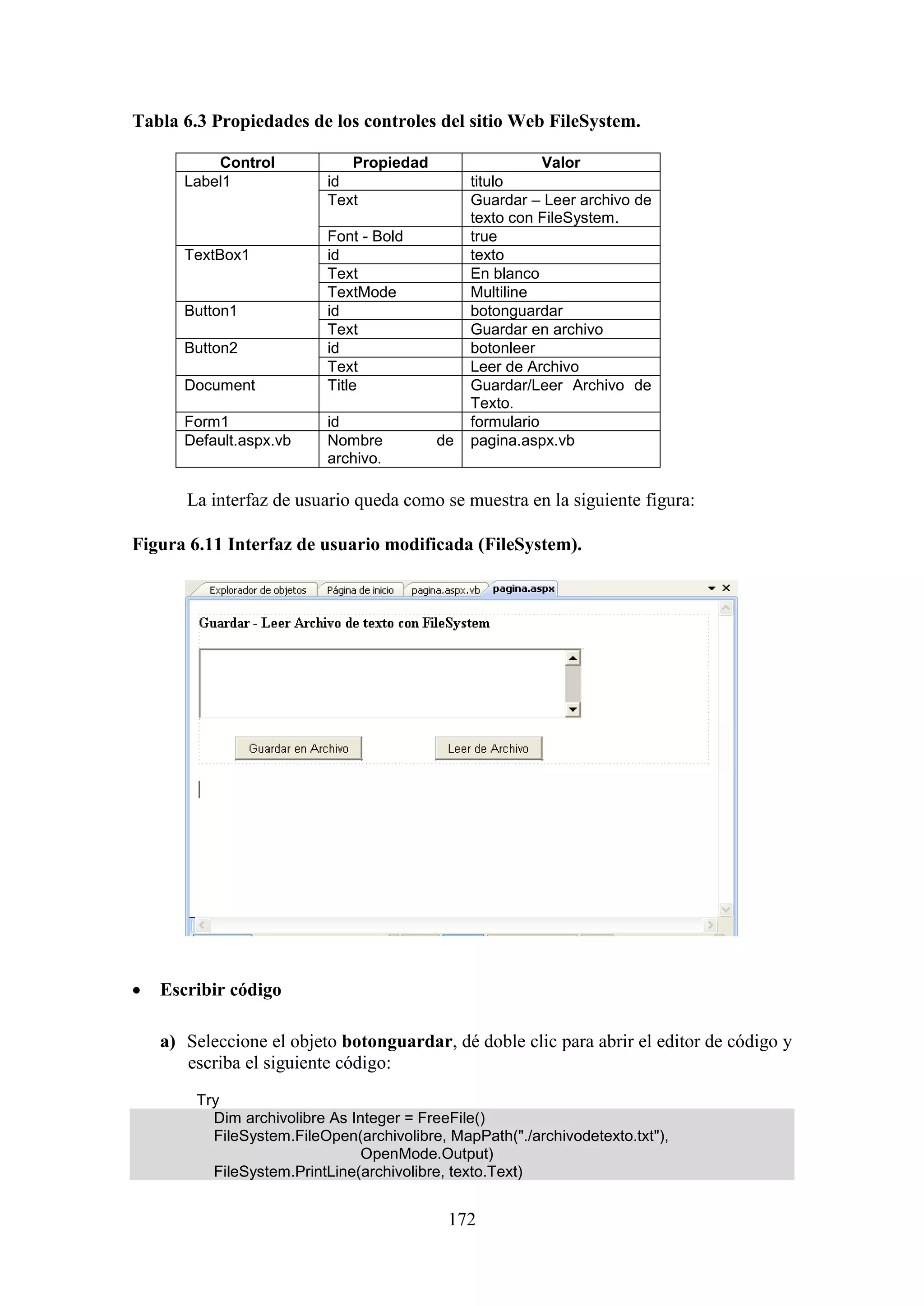 172
Tabla 6.3 Propiedades de los controles del sitio Web FileSystem.
Control Propiedad Valor
Label1 id titulo
Text Guardar – Leer archivo de
texto con FileSystem.
Font - Bold true
TextBox1 id texto
Text En blanco
TextMode Multiline
Button1 id botonguardar
Text Guardar en archivo
Button2 id botonleer
Text Leer de Archivo
Document Title Guardar/Leer Archivo de
Texto.
Form1 id formulario
Default.aspx.vb Nombre de
archivo.
pagina.aspx.vb
La interfaz de usuario queda como se muestra en la siguiente figura:
Figura 6.11 Interfaz de usuario modificada (FileSystem).
 Escribir código
a) Seleccione el objeto botonguardar, dé doble clic para abrir el editor de código y
escriba el siguiente código:
Try
Dim archivolibre As Integer = FreeFile()
FileSystem.FileOpen(archivolibre, MapPath("./archivodetexto.txt"),
OpenMode.Output)
FileSystem.PrintLine(archivolibre, texto.Text)
 
