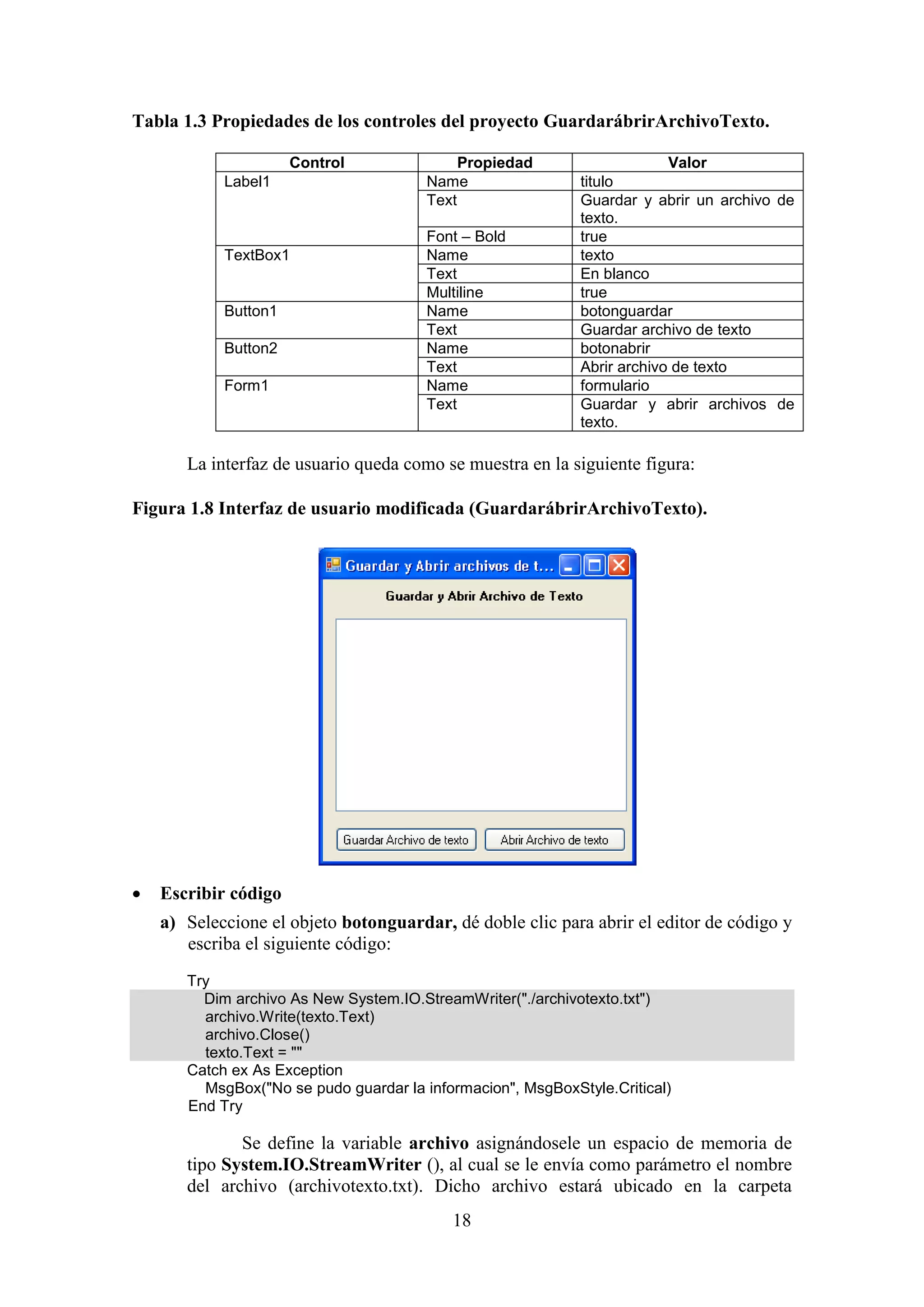 18
Tabla 1.3 Propiedades de los controles del proyecto GuardarábrirArchivoTexto.
Control Propiedad Valor
Label1 Name titulo
Text Guardar y abrir un archivo de
texto.
Font – Bold true
TextBox1 Name texto
Text En blanco
Multiline true
Button1 Name botonguardar
Text Guardar archivo de texto
Button2 Name botonabrir
Text Abrir archivo de texto
Form1 Name formulario
Text Guardar y abrir archivos de
texto.
La interfaz de usuario queda como se muestra en la siguiente figura:
Figura 1.8 Interfaz de usuario modificada (GuardarábrirArchivoTexto).
 Escribir código
a) Seleccione el objeto botonguardar, dé doble clic para abrir el editor de código y
escriba el siguiente código:
Try
Dim archivo As New System.IO.StreamWriter("./archivotexto.txt")
archivo.Write(texto.Text)
archivo.Close()
texto.Text = ""
Catch ex As Exception
MsgBox("No se pudo guardar la informacion", MsgBoxStyle.Critical)
End Try
Se define la variable archivo asignándosele un espacio de memoria de
tipo System.IO.StreamWriter (), al cual se le envía como parámetro el nombre
del archivo (archivotexto.txt). Dicho archivo estará ubicado en la carpeta
 